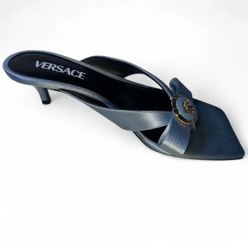 Versace Women's Blue Satin Mule Gianna Ribbon 45 mm sandals Sz 37.5